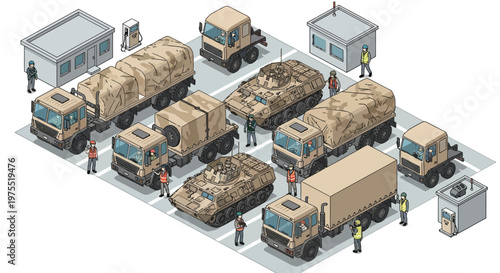 Isometric military base illustration showcasing various army vehicles parked in designated spots, complete with small buildings and personnel, rendered in a detailed vector style
