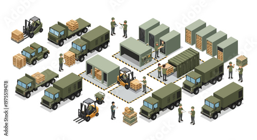 Isometric army base design showcases a military compound with trucks, forklifts, and soldiers loading and unloading cargo in a detailed 3D illustration, rendered with a clean vector style