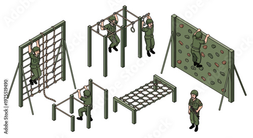 Isometric vector illustration presents a 3D military base concept, showcasing soldiers training on various obstacles like climbing walls and rope courses, set against a clean white