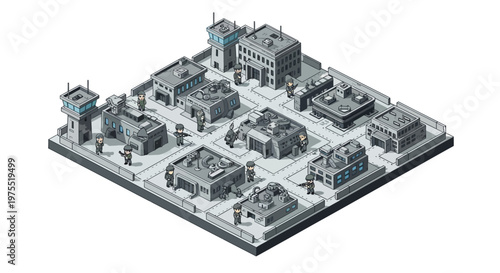 Isometric 3D military base illustration showcasing a detailed army compound with various buildings, guard towers, and defensive structures in a clean vector design against a bright white