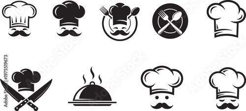 Chef hat icons, culinary branding, restaurant logo design, cooking symbols, kitchen utensils, food service, gourmet dining, professional chef illustration