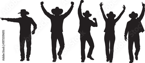 Cowboy silhouettes with hats, expressive poses, pointing, raised arms, dance, celebration, enthusiasm, western style, dynamic movement, flat vector illustration