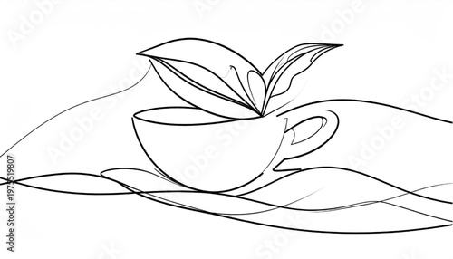 Minimalist line art of a teacup with leaves, serene and simple.