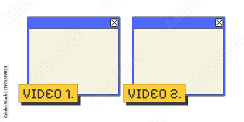 Videos blank two pixel art popup windows UI overlay. Empty 2 dialog boxes. Multimedia content display. Media screens comparing. Blocky interface element in retro 8bit style. Bitmap-inspired UX design
