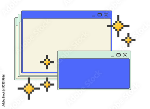 Twinkle shining stacked blank pixel art popup windows UI overlay. Empty dialog boxes with spark accents. Overlapping layers. Blocky interface element in retro 8bit style. Bitmap-inspired UX design