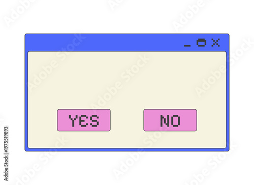 Confirmation with yes no buttons pixel art popup window UI overlay. Computer user decision making. Blank system dialog boxes. Blocky interface element in retro 8bit style. Bitmap-inspired UX design