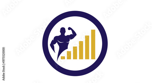 Silhouette Bodybuilder Flexing Beside Growth Bar Chart Logo.