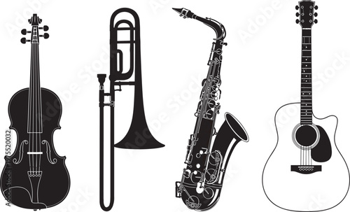 Musical instruments collection including violin, trombone, saxophone and acoustic guitar, jazz and 