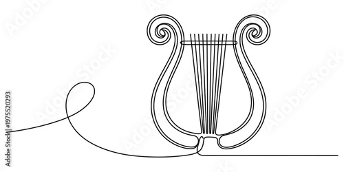 A continuous line drawing of a classical lyre instrument depicted in a simple minimalist style. Vector, illustration