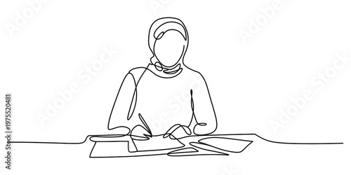 A continuous line drawing of a woman in a hijab sitting at a desk and writing on a piece of paper Vector, illustration
