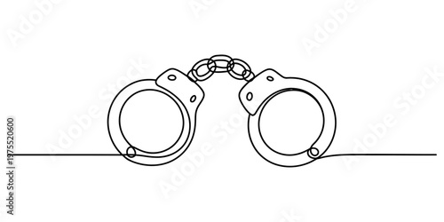 A single continuous line drawing of metallic handcuffs representing law enforcement and restriction. Vector, illustration