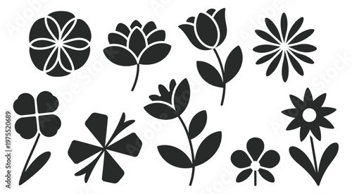 Black and white floral designs with stylized flower silhouettes vector illustration decorative botanical pattern design