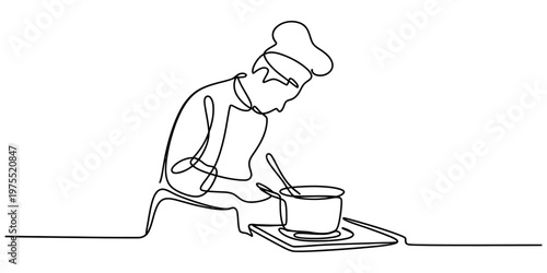 Continuous line drawing of a professional chef preparing a meal in a kitchen on a stove top Vector, illustration