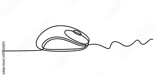 A continuous single line drawing of a computer mouse with a long cord against a white background Vector, illustration