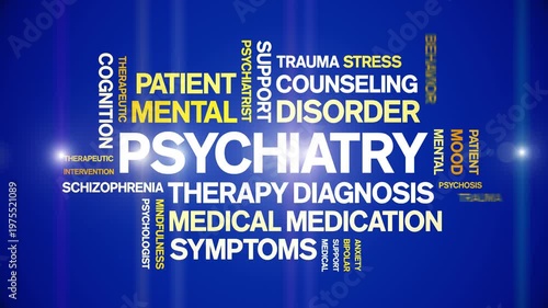Psychiatry animated word cloud-text design animation tag kinetic typography seamless loop.