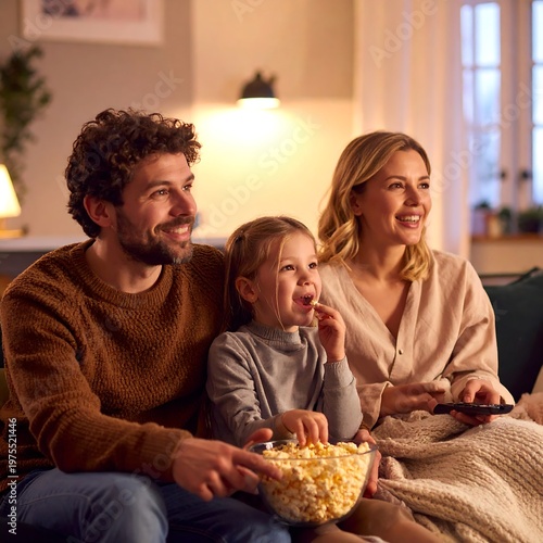 Family enjoys movie night, laughing and eating popcorn in a cozy living room