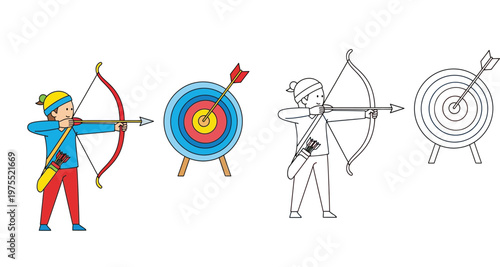 Archery Illustration Set with Archer Boy Aiming Bow and Arrow at Bullseye Target, Includes Color and Black and White Line Art Outline Versions for Kids Coloring and Education