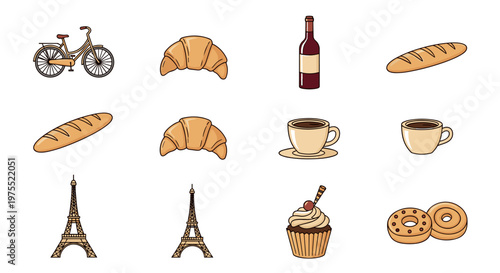 Collection of French icons including Eiffel Tower, croissant, coffee, and bicycle
