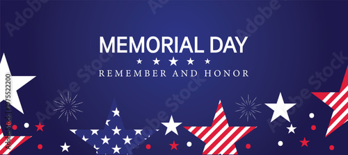 Memorial Day holiday banner, USA flag waving on light background with stars