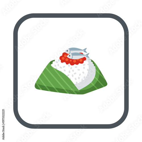 Onigiri rice ball with fish roe and fish topping, traditional Japanese food illustration