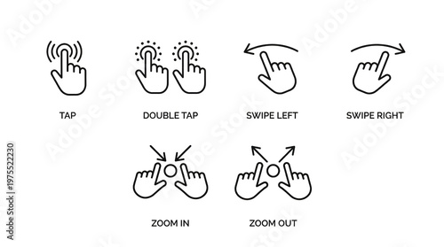 Wallpaper Mural Mobile Touch Screen Gestures Icon Set. UI/UX Design Elements: Tap, Double Tap, Swipe, Zoom In/Out. Line Art Vector. Torontodigital.ca