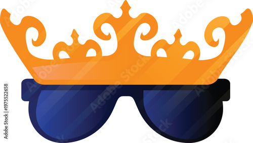 Vector illustration of a golden crown with a red ribbon on a white background featuring 3d fashion sunglasses as a summer style icon for vision protection