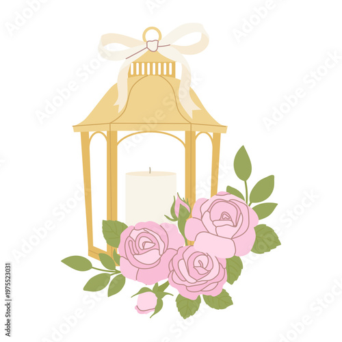 Elegant golden garden lantern with a white candle inside, tied with a cream bow and decorated with pink roses. Vector illustration for romantic wedding decor and garden parties.