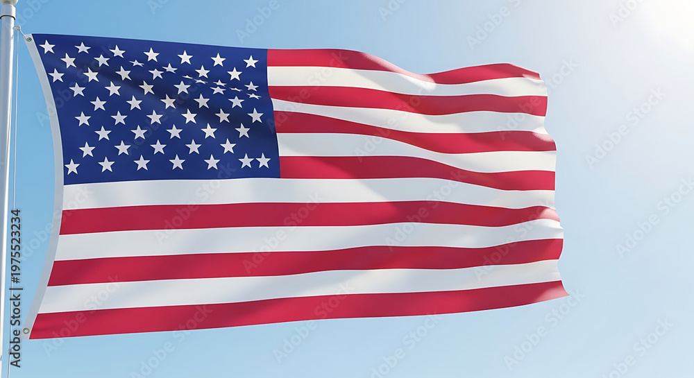 Fototapeta premium Realistic American Flag Waving Against Clear Blue Sky