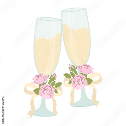 Elegant pair of champagne glasses filled with sparkling wine, tied with cream bows and decorated with pink roses. Beautiful vector illustration for wedding celebrations and toasts.