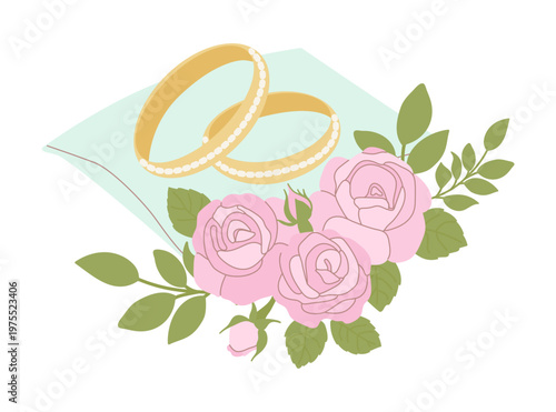 Elegant golden wedding rings placed on a light blue cushion, decorated with a bouquet of pink roses. Beautiful vector illustration for romantic invitations and marriage cards. 