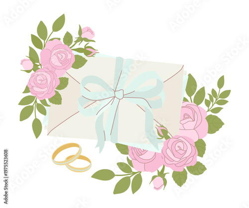 Elegant white envelope tied with a light blue ribbon bow, decorated with pink rose bouquets and golden wedding rings. Beautiful vector illustration for romantic invitations and greetings.