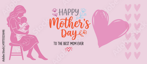 Happy Mother’s Day Card Design – Mom and Baby Love Illustration, Floral Typography Greeting Background