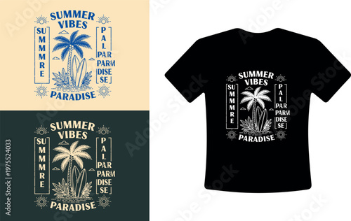 Summer Vibes T-Shirt Design with Palm Tree and Surfboard Graphic