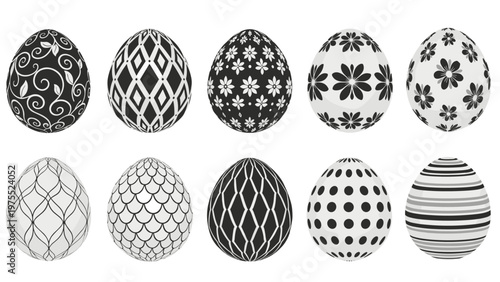 Ten decorative Easter eggs featuring various black and white patterns like floral, geometric, and abstract designs.