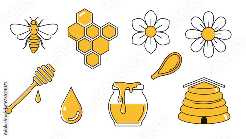 Highly detailed set of honey-related icons including a flying bee, honeycomb, white flowers, honey jar, dipper, and a beehive.