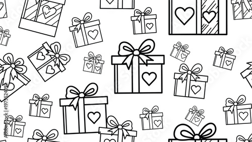 Black and white seamless pattern of various gift boxes decorated with heart shapes and ribbons on a white background.