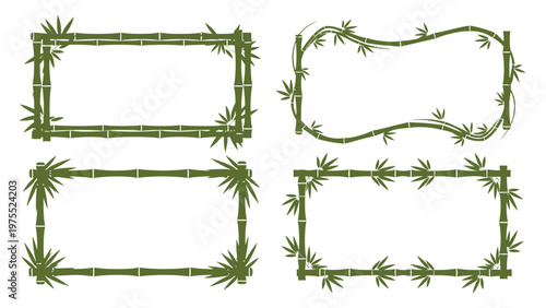 Collection of four different bamboo frames decorated with green leaves in a simple organic illustration style.