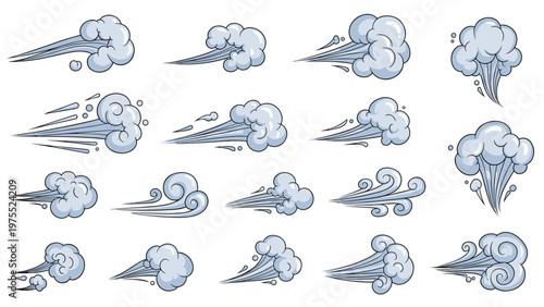 Set of sixteen various wind puff and steam cloud icons in a comic book style with light blue shading.