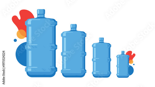 Four blue water cooler jugs in descending sizes with abstract colorful shapes on a clean white background.