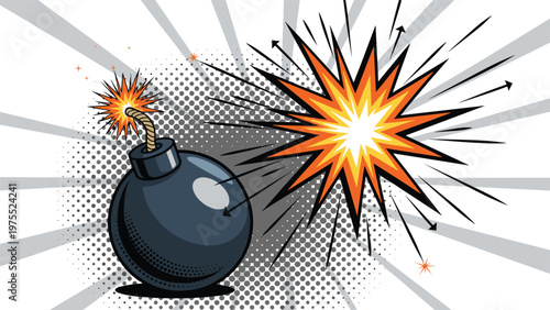 Exploding round black bomb illustration in classic pop art comic style featuring bright orange blast and radial background rays.