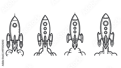 Set of four diverse rocket ship icons in black and white line art style representing space travel and launch.