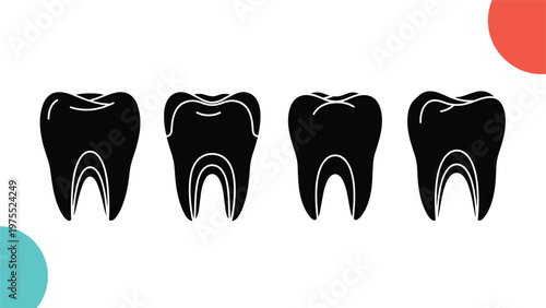 Set of dental health icons showing various stages of tooth anatomy and decay against a simple white and colored background.