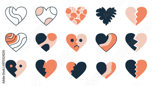 Grid of fifteen diverse heart icons featuring broken patterned and multicolored styles in dark blue and peach.