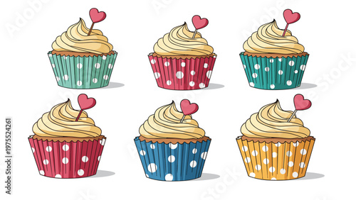 Set of six delicious cupcakes in colorful polka dot liners topped with creamy frosting and small pink heart shaped decorations.