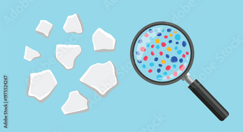 Magnifying glass showing a colorful microscopic view of bacteria or particles found within white broken shards.