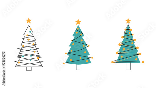 Set of three minimalist christmas trees in line art, flat, and decorated styles featuring golden stars and colorful ornaments.