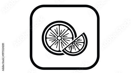 Simple black and white line icon of a citrus fruit slice next to a whole cross section inside a rounded square frame.