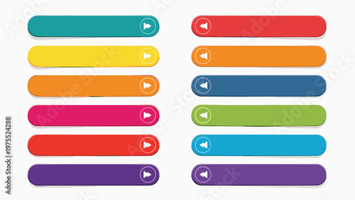 Collection of twelve horizontal web buttons in various bright colors featuring white play and reverse arrow symbols on ends.