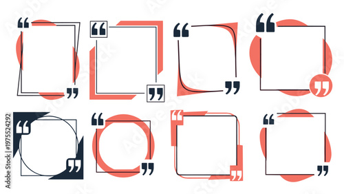 Eight decorative quote box templates featuring various shapes, quotation marks, and orange accents for text presentation.
