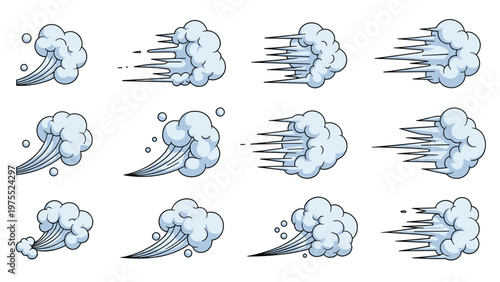 Set of twelve light blue cartoon clouds with trailing lines depicting wind, movement, and high speed against a white background.